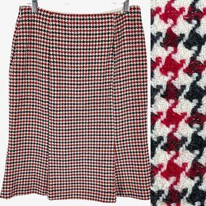 Talbots Vintage Black Red Houndstooth Pleated Hem Italian Stretch Wool Skirt 8